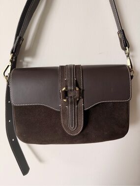 Dark Brown Genuine Suede & Leather Shoulder Bag